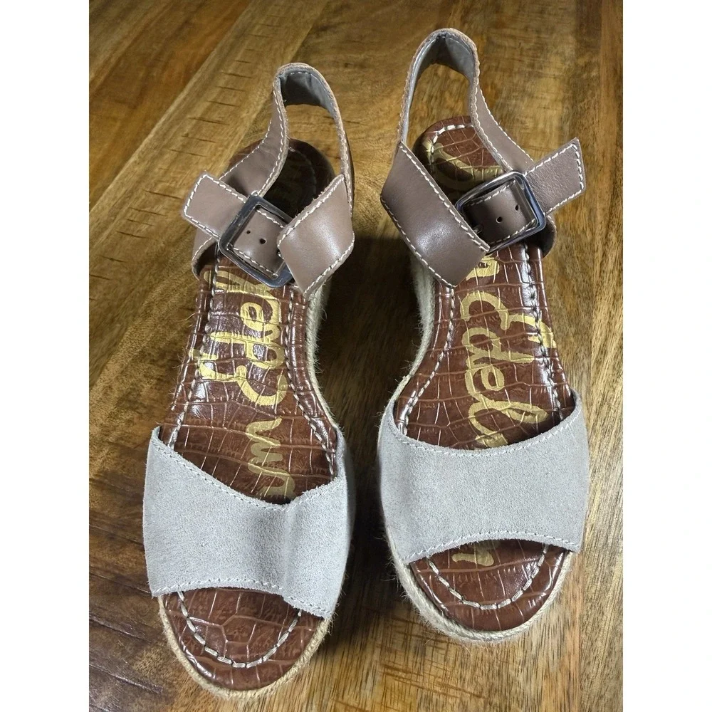 Sam Edelman Womens Size 6.5 Gray Suede Espadrille Wedge Sandals Ankle Strap